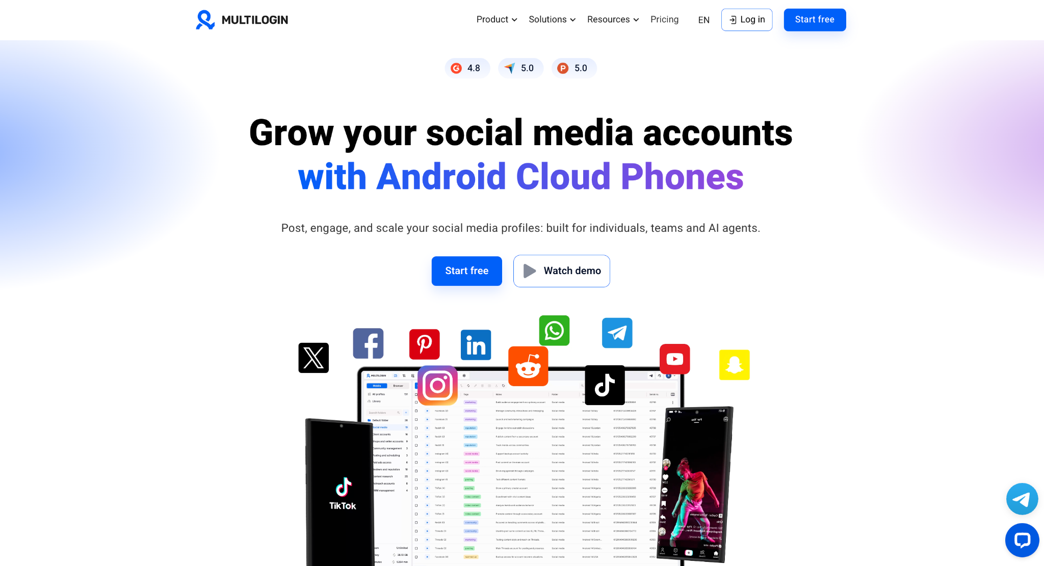 Multilogin homepage introducing its cloud phone platform for social media marketing