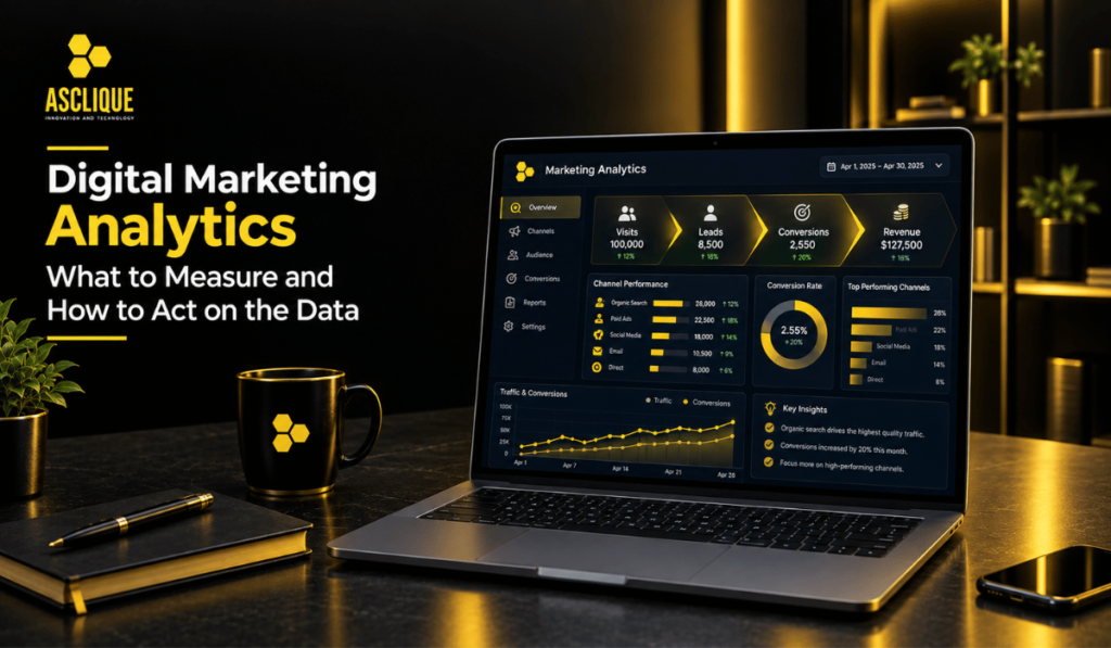 Digital marketing analytics dashboard—key metrics by channel and how to measure marketing ROI.