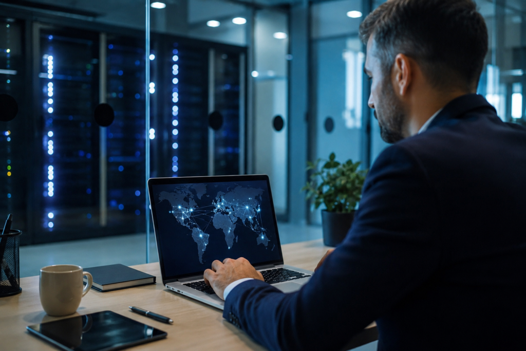 Business professionals managing secure global digital infrastructure, online privacy, and regional access across international networks.