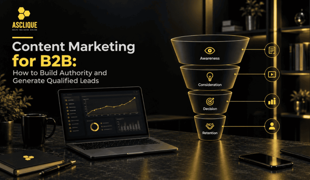 Content marketing for B2B — strategy guide covering topic clusters, keyword research, distribution, and lead generation.