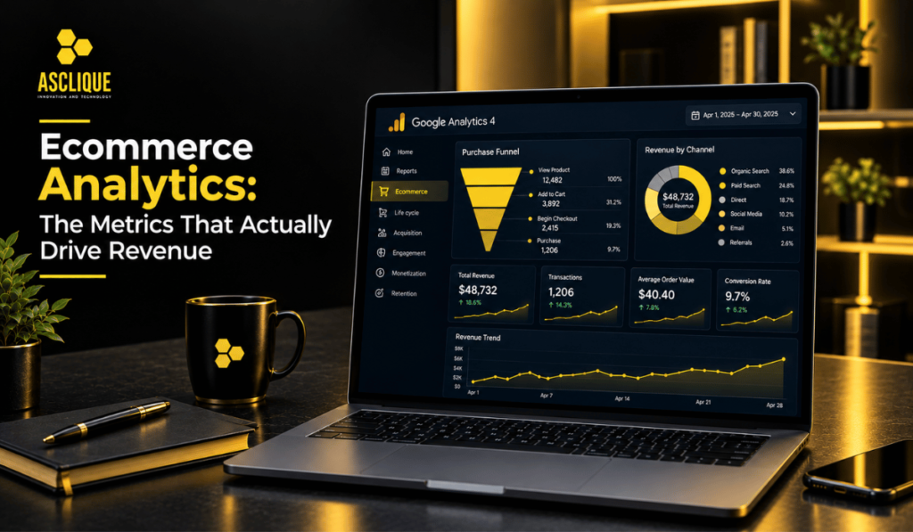 Ecommerce analytics dashboard—key metrics for tracking revenue, conversion rates, and channel performance.