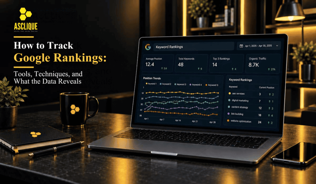 Google rankings tracking — rank tracking dashboard showing keyword position trends and SEO performance data.